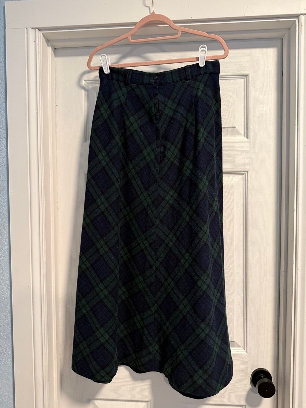 Vintage 1970s Navy Blue Green Union Made Wool Plaid Maxi Skirt - Size 30 (SG62)
